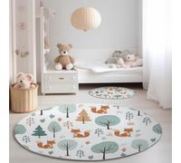 Round Kids Rug for Bedroom Nursery 150 cm, Children'S Fox Forest Motif Machine Washable Circle Area Rug, Cartoon Style Soft Non-Slip Round Carpet for Living Room Playroom, White