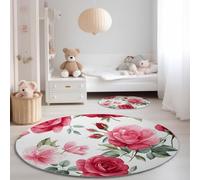 Round Kids Rug for Bedroom Nursery 245 cm, Rose Motif Machine Washable Circle Area Rug, Watercolour Elegant Style Soft Non-Slip Round Carpet for Living Room Playroom, Pink Red