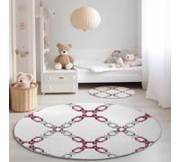 Round Kids Rug for Bedroom Nursery 60 cm, Geometric Chain Link Pattern Machine Washable Circle Area Rug, Minimalist Style Soft Non-Slip Round Carpet for Living Room Playroom, Red Silver