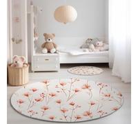 Round Kids Rug for Bedroom Nursery 90 cm, Modern Luxury Style Machine Washable Circle Area Rug, Little Wildflower Motif Soft Non-Slip Round Carpet for Living Room Playroom, Brown