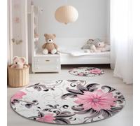 Round Kids Rug for Bedroom Nursery 90 cm, Modern Minimalist Style Machine Washable Circle Area Rug, Floral Pattern Soft Non-Slip Round Carpet for Living Room Playroom, Pink Gray