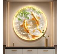 Round Koi Fish Wall Art, Modern Feng Shui Illuminated Hanging Decoration, Creative Wall Sculpture with Aluminum Frame for Home, Living Room, Bedroom, Office