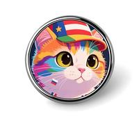 Round Lapel Pins Patriotic Pin for Men Women Colorful Cat And National Flag Metal Badge Brooch Accessories Party Favors, Hat Suit Decorations Enamel Lapel Pins Aluminum Alloy