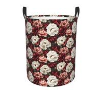 Round Laundry Basket 60L, Red White Peony Print Clothes Hamper With Handles Waterproof Laundry Organizer, For Bedroom, Family, Clothes