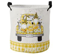 Round Laundry Basket Cute Gnome Siting On The Truck Summer Style Flower Storage Baskets Personalised Foldable Laundry Bin, For Dorm, Family, Bathroom, 60L