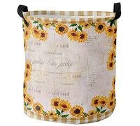 Round Laundry Basket Summer Sunflowers Retro Newpapers Yellow Plaid Storage Baskets Large With Handles Washing Basket, For Clothes, Room, Bathroom, 60L