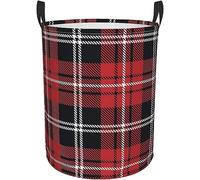Round Laundry Hamper Red White Line Scottish Check Tartan Plaid Laundry Bag With Handles Foldable Hamper Basket, For Bathroom, College, Dorm