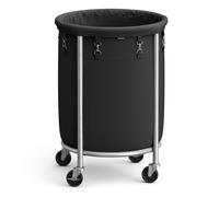 SONGMICS Laundry Basket on Wheels, Laundry Trolley 110L, Round Laundry Hamper with Steel Frame and Removable Bag, 4 Castors and 2 Brakes, Black and Silver RLS002B01