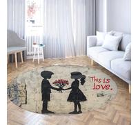 Round Laundry Room Rug Washable Non-slip Circle Carpet - Graffiti “this Is Love” Kids Silhouette with Red Heart Soft Low-Pile Vintage Wall Texture Nursery/Bedroom Area Rug Beige/Black/Red 240cm
