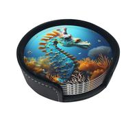 Round leather coaster set, 6 pieces, Blue Seahorse patterned, suitable for coffee table, kitchen, and dining room décor.