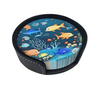 Round leather coaster set, 6 pieces, Blue underwater world of fish patterned, suitable for coffee table, kitchen, and dining room décor.