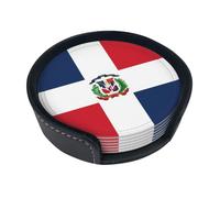 Round leather coaster set, 6 pieces, Dominican Republic patterned, suitable for coffee table, kitchen, and dining room décor.