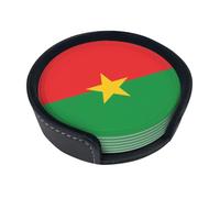 Round leather coaster set, 6 pieces, Flag of Burkina Faso patterned, suitable for coffee table, kitchen, and dining room décor.