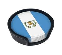 Round leather coaster set, 6 pieces, Flag of Guatemala patterned, suitable for coffee table, kitchen, and dining room décor.