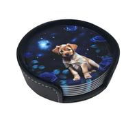 Round leather coaster set, 6 pieces, Puppy Blue Rose patterned, suitable for coffee table, kitchen, and dining room décor.