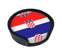 Round leather coaster set, 6 pieces, Republic of Croatia flag patterned, suitable for coffee table, kitchen, and dining room décor.