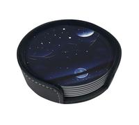 Round leather coaster set, 6 pieces, Serene blue night view patterned, suitable for coffee table, kitchen, and dining room décor.