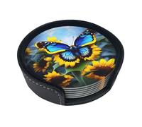 Round leather coaster set, 6 pieces, Sunflower Blue Butterfly patterned, suitable for coffee table, kitchen, and dining room décor.
