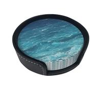 Round leather coaster set, 6 pieces, The deep blue sea patterned, suitable for coffee table, kitchen, and dining room décor.