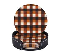 Round Leather Coasters Set of 6 with Holder Cup Mat Brown Orange Gingham Check Desk Coaster for TableHeat Hot Drink Coaster Suitable for Kinds of Cups