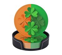 Round Leather Coasters Set of 6 with Holder Happy Saint Patricks Day Drinking Coasters Slip Cup Table Pad Bar for Protection