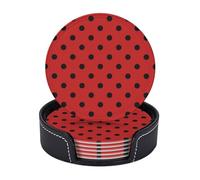 Round Leather Coasters Set of 6 with Holder Red Black Polka Dots Table Coaster, Coaster Heat Coffee Table Decor for Home Decor for Protection
