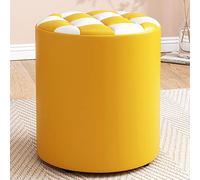 Round Leather Footstool Pouf for Living Room & Bedroom Yellow & White 31x35 cm - Stylish Ottoman Cozy Accent Piece Modern Home Decor Versatile Seating