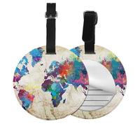 Round Leather Luggage Tag Fun Abstract World Map Printed Id Tags for Travel Bags, Suitcases & Handbags Cute & Personalized Luggage Labels with Privacy Cover