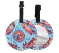 Round Leather Luggage Tag Fun Animal Cute Brown Otters Printed Id Tags for Travel Bags, Suitcases & Handbags Cute & Personalized Luggage Labels with Privacy Cover