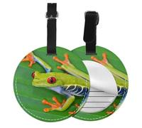 Round Leather Luggage Tag Fun Animal Frog Leaf Leaves Printed Id Tags for Travel Bags, Suitcases & Handbags Cute & Personalized Luggage Labels with Privacy Cover