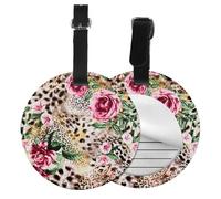 Round Leather Luggage Tag Fun Animal Tiger Leopard Print Rose Flower Printed Id Tags for Travel Bags, Suitcases & Handbags Cute & Personalized Luggage Labels with Privacy Cover