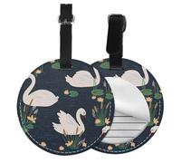 Round Leather Luggage Tag Fun Beautiful White Swans On The Lake Printed Luggage Tags for Suitcases, Travel Handbags & Leather Bags Easy to Identify with Privacy Cover Id Label