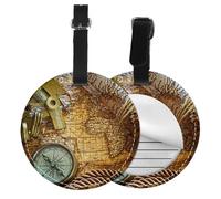 Round Leather Luggage Tag Fun Compass and Old World Map Printed Id Tags for Travel Bags, Suitcases & Handbags Cute & Personalized Luggage Labels with Privacy Cover