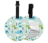 Round Leather Luggage Tag Fun Dinosaur Pattern Printed Id Tags for Travel Bags, Suitcases & Handbags Cute & Personalized Luggage Labels with Privacy Cover