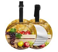 Round Leather Luggage Tag Fun Fall Red Leaves and Fruits Printed Luggage Tags for Suitcases, Travel Handbags & Leather Bags Easy to Identify with Privacy Cover Id Label