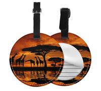 Round Leather Luggage Tag Fun Giraffe Under The Tree in Africa Printed Luggage Tags for Suitcases, Travel Handbags & Leather Bags Easy to Identify with Privacy Cover Id Label