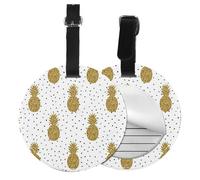 Round Leather Luggage Tag Fun Gold Glitter Pineapples Fruit Printed Id Tags for Travel Bags, Suitcases & Handbags Cute & Personalized Luggage Labels with Privacy Cover