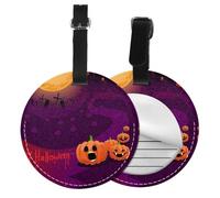 Round Leather Luggage Tag Fun Happy Halloween Printed Luggage Tags for Suitcases, Travel Handbags & Leather Bags Easy to Identify with Privacy Cover Id Label