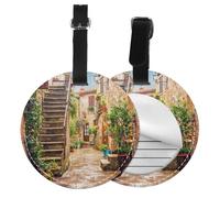 Round Leather Luggage Tag Fun Italian Street Printed Id Tags for Travel Bags, Suitcases & Handbags Cute & Personalized Luggage Labels with Privacy Cover