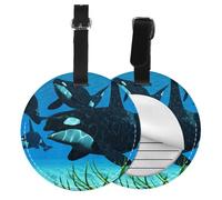 Round Leather Luggage Tag Fun Killer Whales Swim Along Printed Luggage Tags for Suitcases, Travel Handbags & Leather Bags Easy to Identify with Privacy Cover Id Label