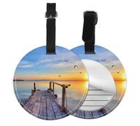 Round Leather Luggage Tag Fun Lake Under Sunset Printed Luggage Tags for Suitcases, Travel Handbags & Leather Bags Easy to Identify with Privacy Cover Id Label