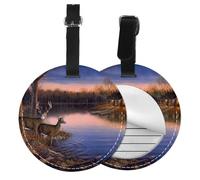 Round Leather Luggage Tag Fun Nature Wild Animal Deers Printed Id Tags for Travel Bags, Suitcases & Handbags Cute & Personalized Luggage Labels with Privacy Cover