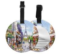 Round Leather Luggage Tag Fun Paris Street Scene Eiffel Tower Printed Luggage Tags for Suitcases, Travel Handbags & Leather Bags Easy to Identify with Privacy Cover Id Label