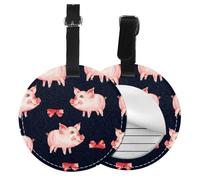 Round Leather Luggage Tag Fun Red Cute Piggy Printed Id Tags for Travel Bags, Suitcases & Handbags Cute & Personalized Luggage Labels with Privacy Cover
