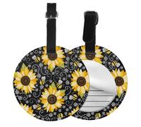 Round Leather Luggage Tag Fun Sunflower Bees Printed Id Tags for Travel Bags, Suitcases & Handbags Cute & Personalized Luggage Labels with Privacy Cover