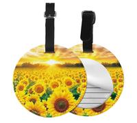 Round Leather Luggage Tag Fun Sunflower Field Sunset Printed Luggage Tags for Suitcases, Travel Handbags & Leather Bags Easy to Identify with Privacy Cover Id Label