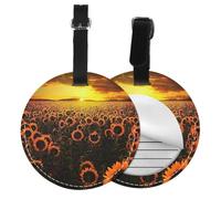 Round Leather Luggage Tag Fun Sunflower Field Sunset Sea of Flowers Printed Id Tags for Travel Bags, Suitcases & Handbags Cute & Personalized Luggage Labels with Privacy Cover