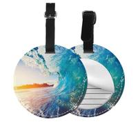 Round Leather Luggage Tag Fun Sunset Sea Surfing Seascape Printed Id Tags for Travel Bags, Suitcases & Handbags Cute & Personalized Luggage Labels with Privacy Cover