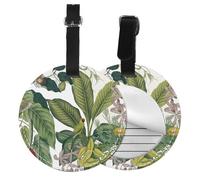 Round Leather Luggage Tag Fun Tropical Flower Leaf Parrot Printed Luggage Tags for Suitcases, Travel Handbags & Leather Bags Easy to Identify with Privacy Cover Id Label