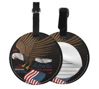 Round Leather Luggage Tag Fun USA Patriotic Eagle with American Flag Printed Id Tags for Travel Bags, Suitcases & Handbags Cute & Personalized Luggage Labels with Privacy Cover